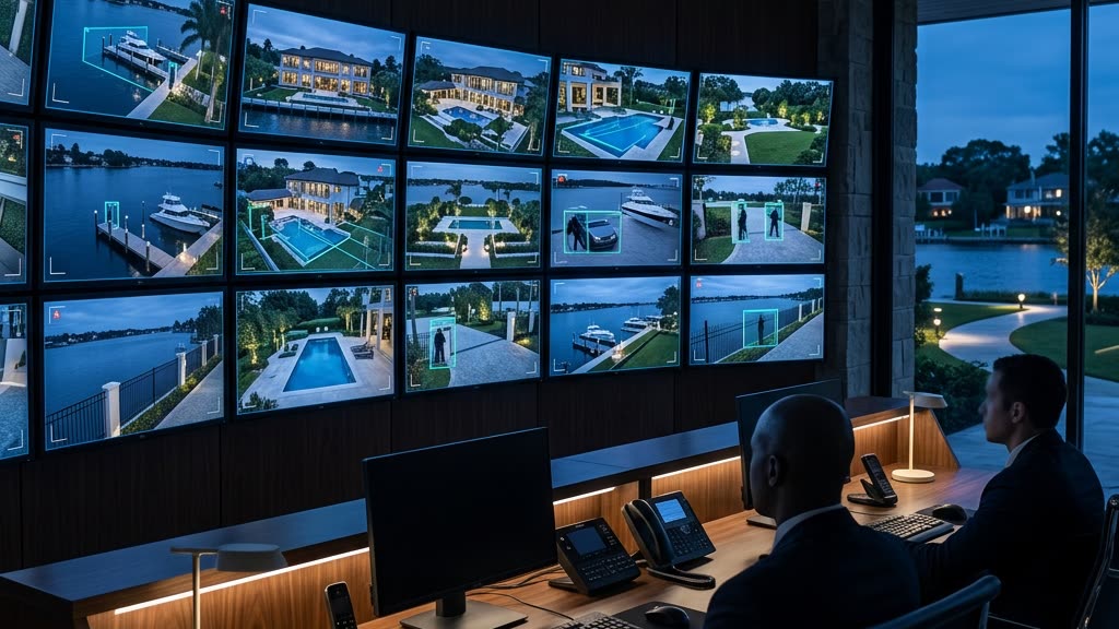 Estate security operations center using AI home security video analytics to monitor a luxury waterfront property at dusk