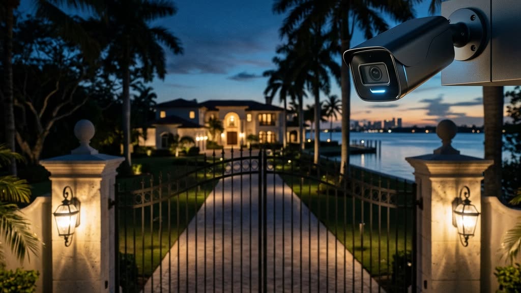 Security camera with AI camera analytics monitoring the gated entrance of a luxury Florida waterfront estate at dusk