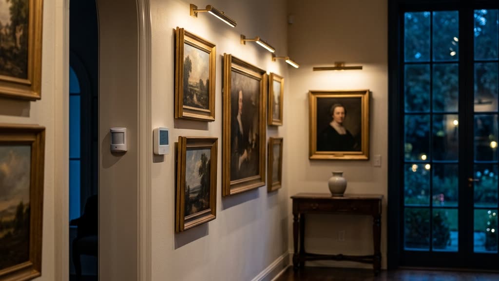 Softly lit private gallery in a luxury Florida estate with framed paintings, picture lights, and discreet security sensors near a doorway