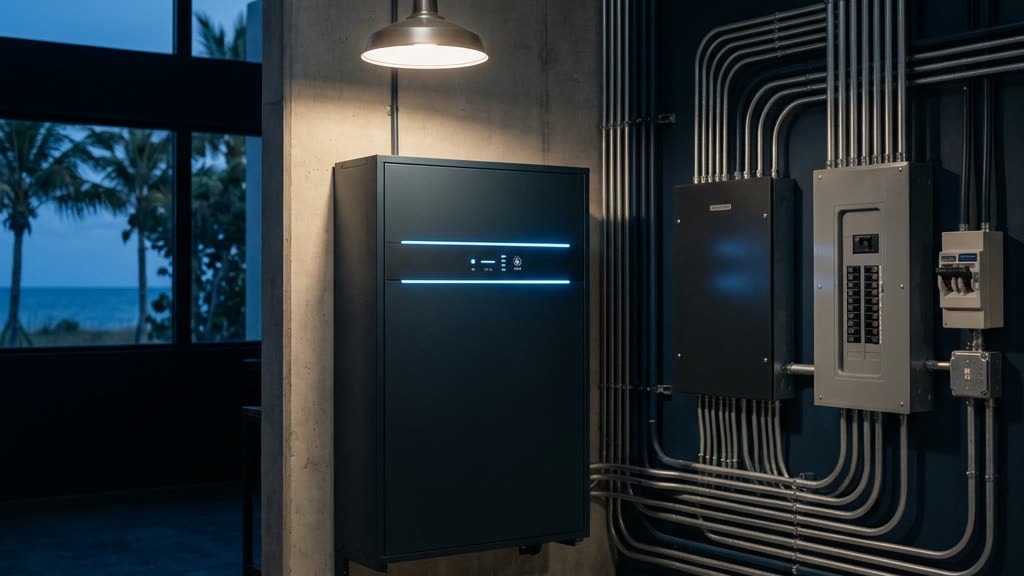 Battery storage cabinet and backup power system installed in a coastal Florida estate mechanical room, keeping security detection and communications online during a grid outage