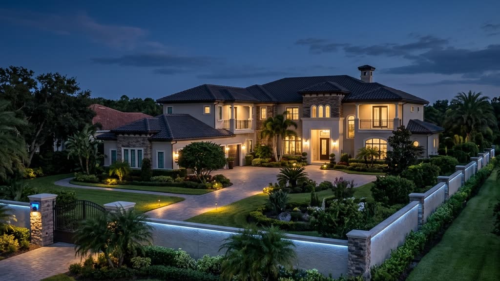 Private estate at dusk with discreet security lighting and a landscaped perimeter, illustrating how to choose a home security company for a luxury home