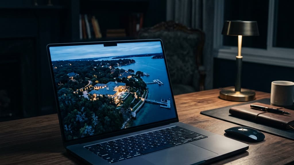 Laptop in a dark study displaying an aerial dusk view of a gated Florida waterfront estate, illustrating real estate listing privacy and digital casing risks