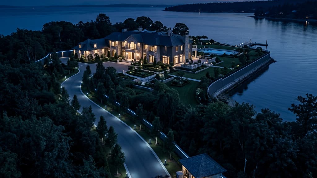 Aerial blue-hour view of a gated waterfront estate with a long tree-lined drive, lit perimeter, and layered security coverage across guest structures.