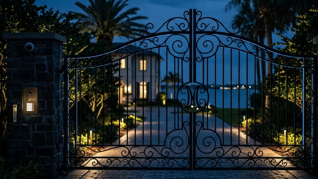 Illuminated wrought-iron driveway gate at the entrance of a gated waterfront estate at dusk, with a video intercom callbox and clear sightlines along the paved approach.