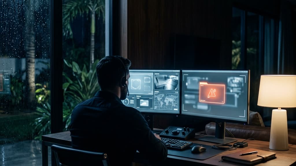 Security operations monitor showing a single AI-verified alert over a luxury Florida estate at night, illustrating how to reduce false alarms in home security