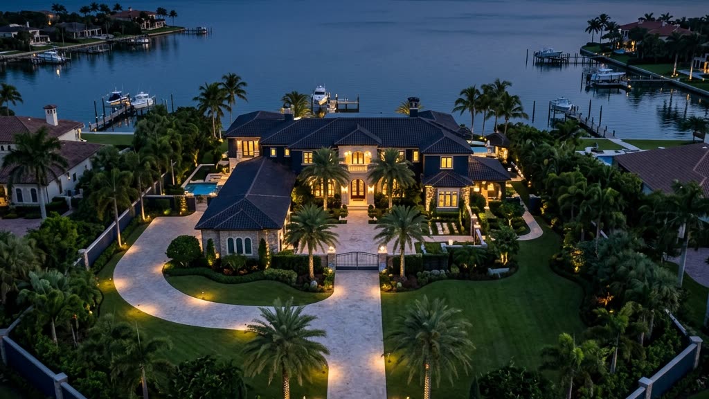 Aerial dusk view of a walled luxury Florida estate showing layered perimeter security zones from the property line to the front entrance