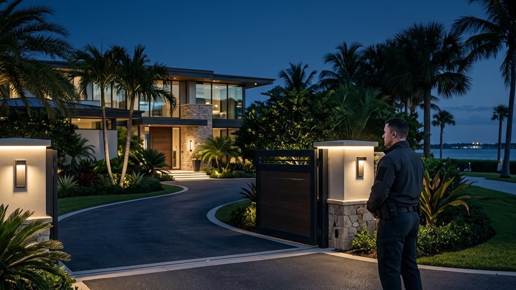 A discreet protective specialist observing the entrance of a private Florida estate at dusk under deep navy and steel-blue light
