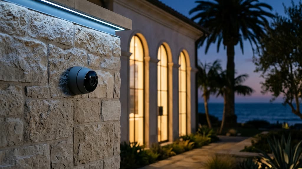 Discreet facial recognition home security camera on the stone entry wall of a luxury Florida estate at dusk