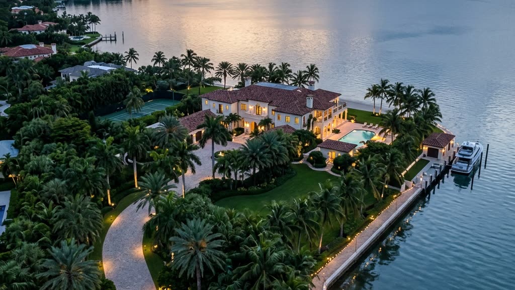 Gated Florida waterfront estate at dusk with layered perimeter lighting and mature landscaping seen from above