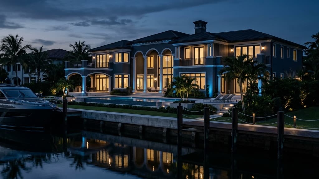 Waterfront South Florida estate at dusk, private dock and seawall lit along the canal frontage as a security approach point.