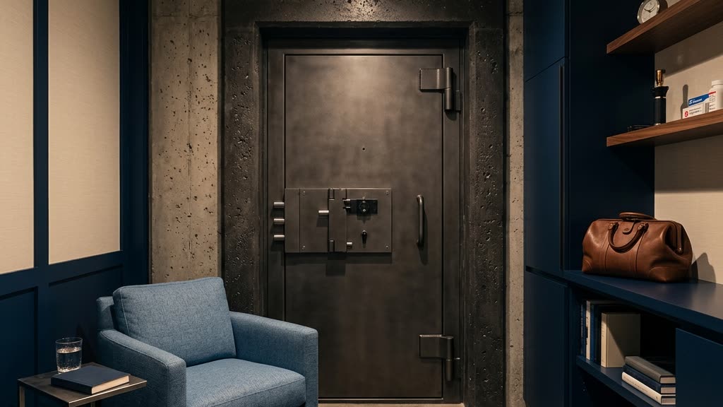 Reinforced interior safe room door and concrete wall inside a Florida luxury home, built as a dual-purpose storm shelter and security refuge