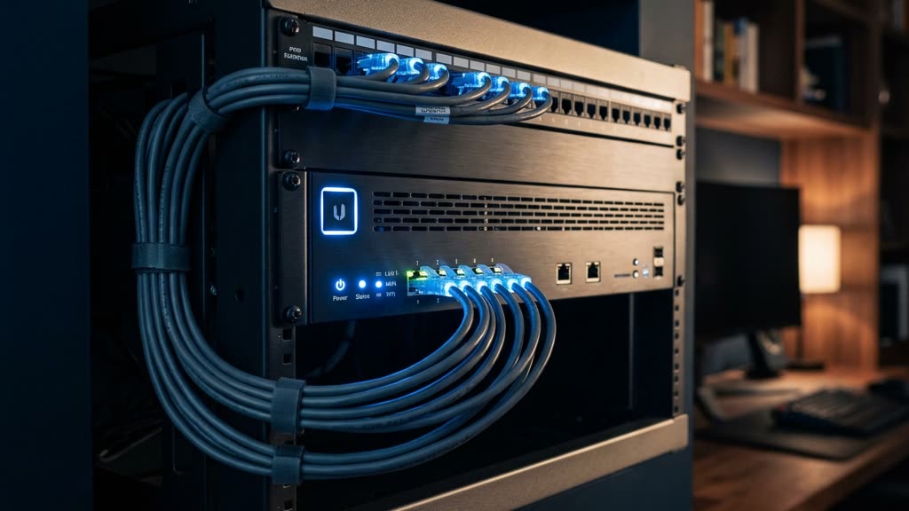 Enterprise firewall appliance with steel-blue status lights in a dark home network rack, representing the best home firewall setup for a private estate
