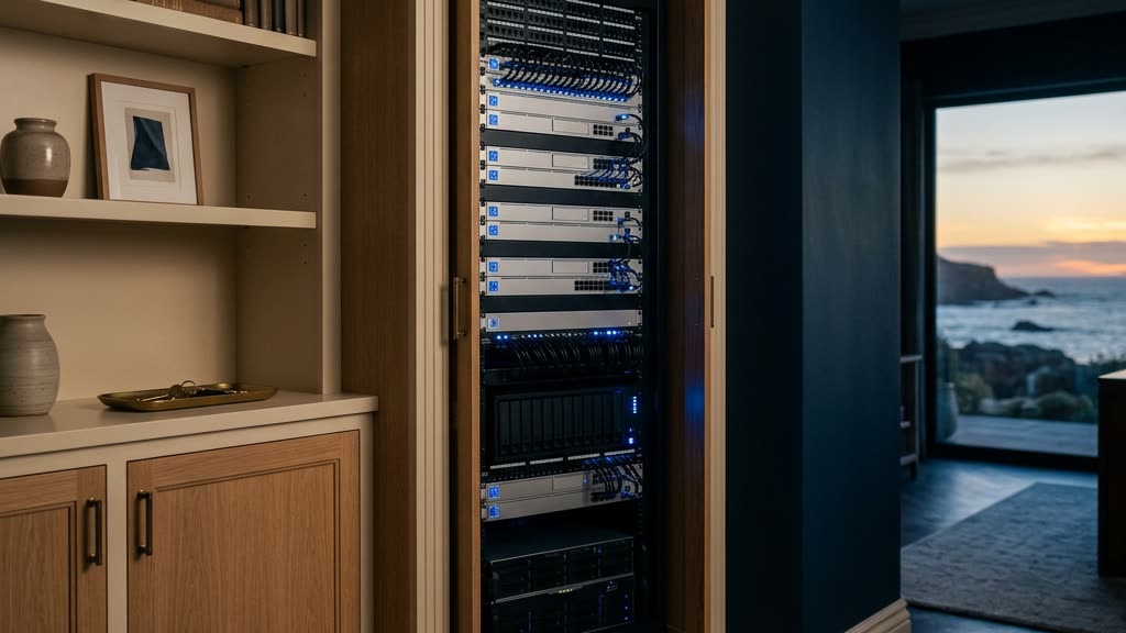Discreet network equipment rack glowing softly inside a luxury estate, representing layered home network security for high-net-worth families