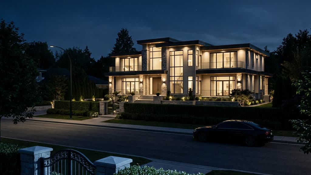 Luxury estate at dusk viewed from a dark street, illustrating how professional burglary crews surveil homes and choose their targets
