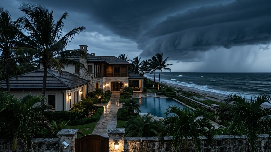 A coastal Florida estate at dusk under approaching hurricane clouds, security lighting and surveillance cameras visible along the perimeter wall