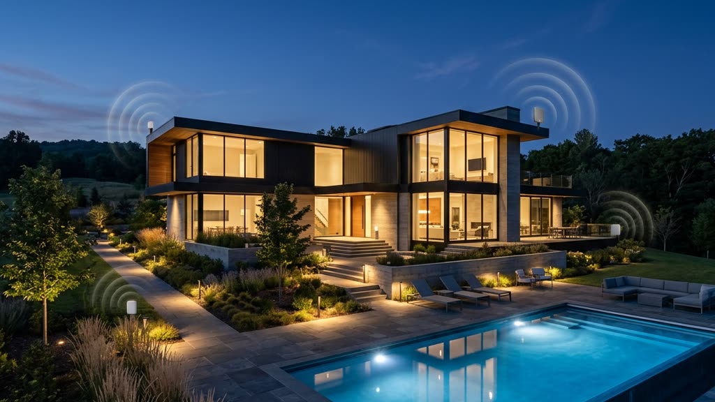 A luxury smart home at dusk with connected lighting, cameras, and pool equipment glowing, illustrating IoT security risks in a high-value estate