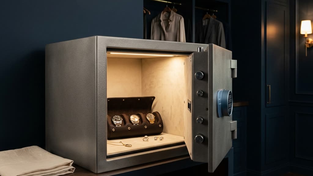 A discreet, high-rated home safe anchored in a concealed dressing room, holding jewelry and luxury watches in a Florida estate.