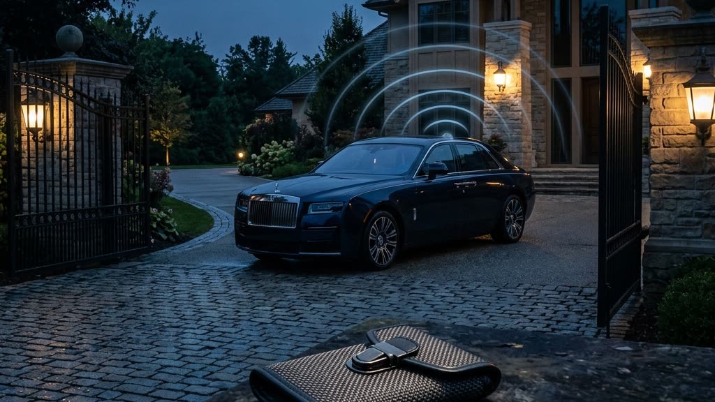 Luxury sedan parked in a gated estate driveway at dusk with a signal-blocking faraday key pouch on a nearby ledge, deep navy and steel-blue tones
