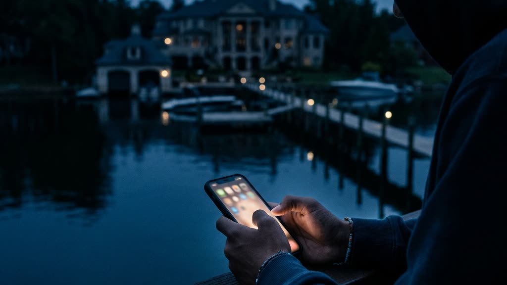 A teenager holding a smartphone at dusk outside a gated waterfront estate, illustrating how kids social media safety affects family home security