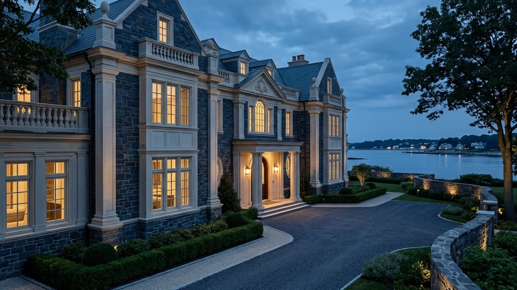 Manicured luxury estate grounds at dusk with clear sightlines, low hedges, and defensive thorny planting under illuminated windows
