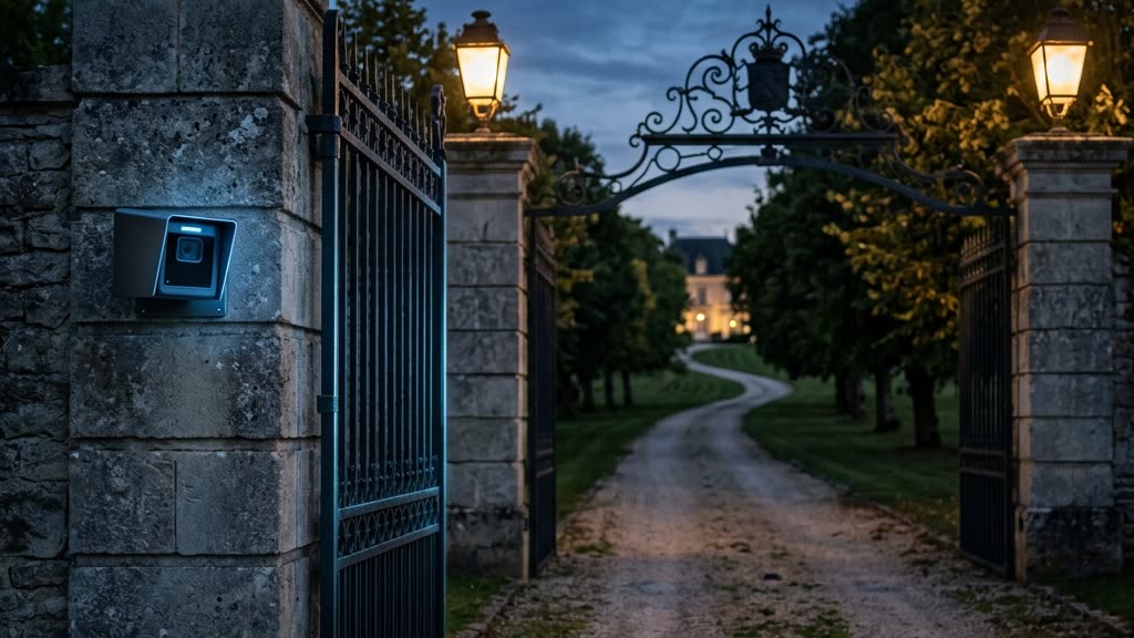 License plate recognition camera mounted on a stone pillar at the gated entrance of a private luxury estate at dusk