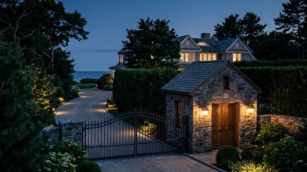 Discreet gated entrance to a waterfront luxury estate at dusk with layered lighting and landscaped grounds