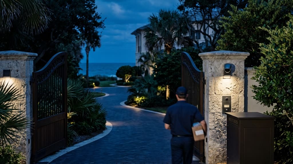 Uniformed courier approaching a secure parcel enclosure outside the inner gate of a Florida luxury estate at dusk, with a discreet security camera on the stone pillar.