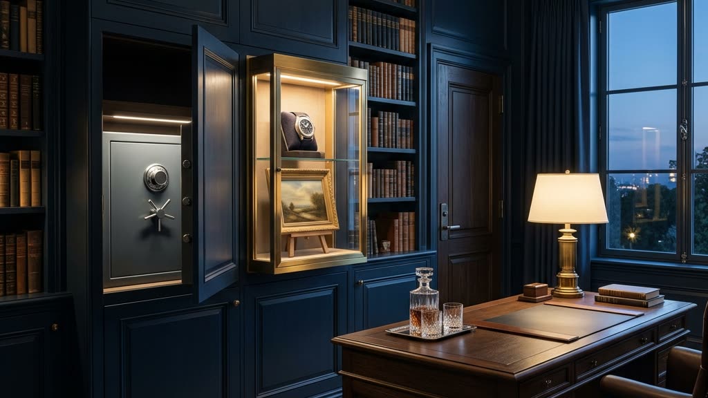 Discreetly secured private study in a luxury home with a concealed safe, layered lighting, and protected display cases under deep navy evening light