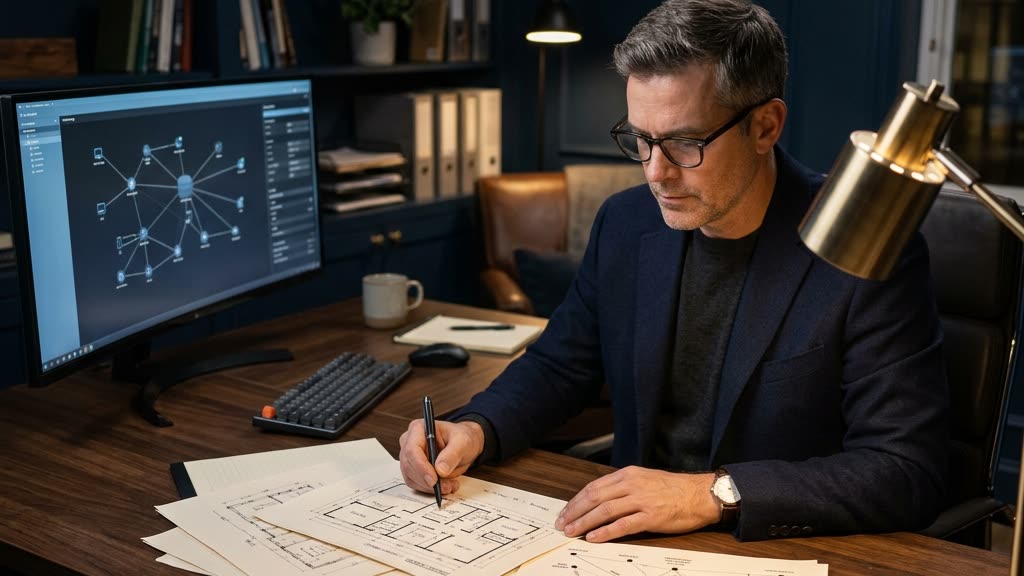 Security consultant reviewing an estate floor plan and camera placement diagram at a desk in a deep navy office