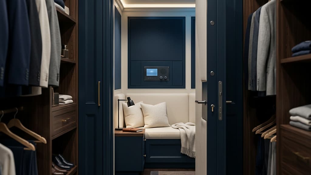 Interior of a discreet reinforced safe room retrofitted behind a primary closet in a luxury Florida estate, low steel-blue lighting on ivory millwork