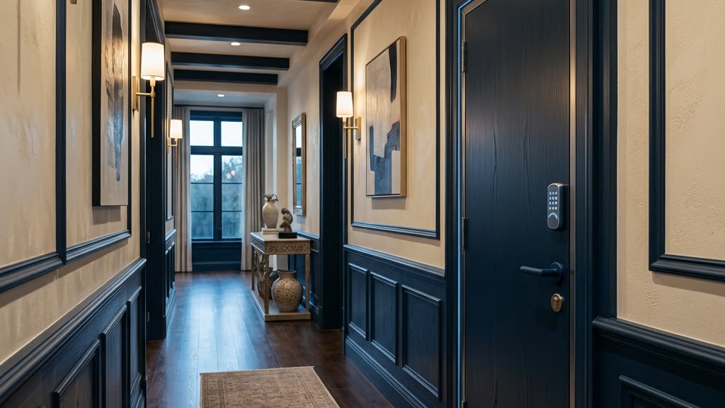 Discreet reinforced safe room door integrated into the paneled wall of a luxury Florida estate interior