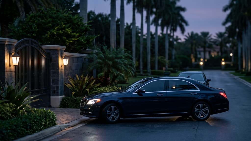 Luxury sedan approaching an estate gate at dusk, driver maintaining space and situational awareness during a secure arrival