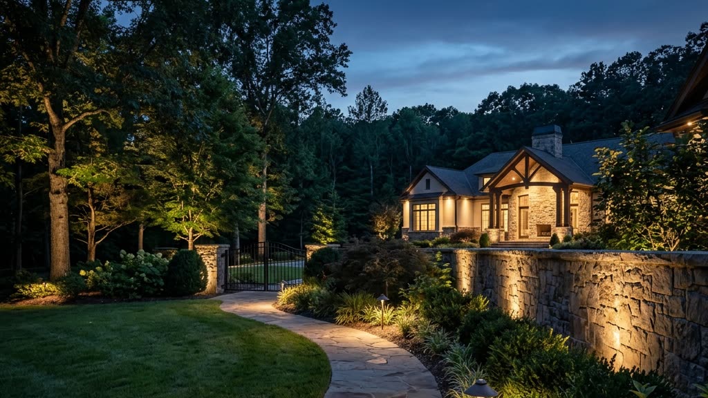 Layered low-glare security lighting across a landscaped luxury estate perimeter at dusk in deep navy tones