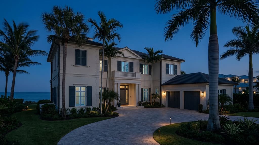 Shuttered luxury Florida coastal estate at dusk with a few interior lights on, illustrating snowbird home security during a long seasonal absence.