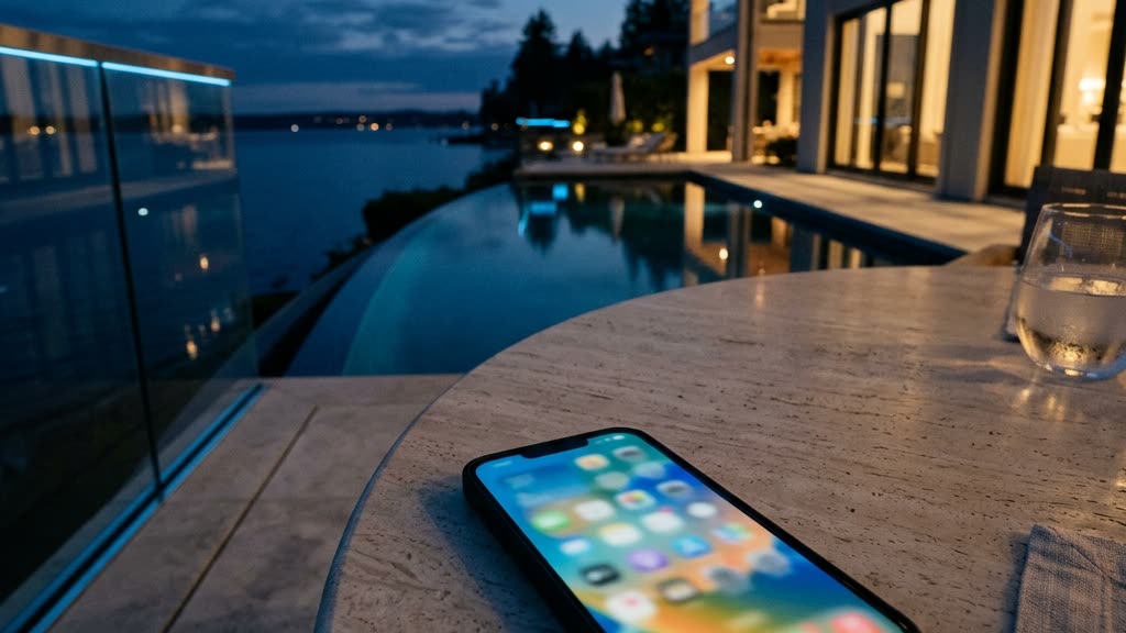 Smartphone showing a glowing social feed on the terrace of a luxury waterfront estate at dusk, illustrating family privacy social media risks for wealthy households