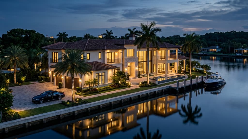 Luxury Florida waterfront estate at dusk with a few warm interior lights suggesting occupancy while the family travels, illustrating travel security for wealthy homeowners