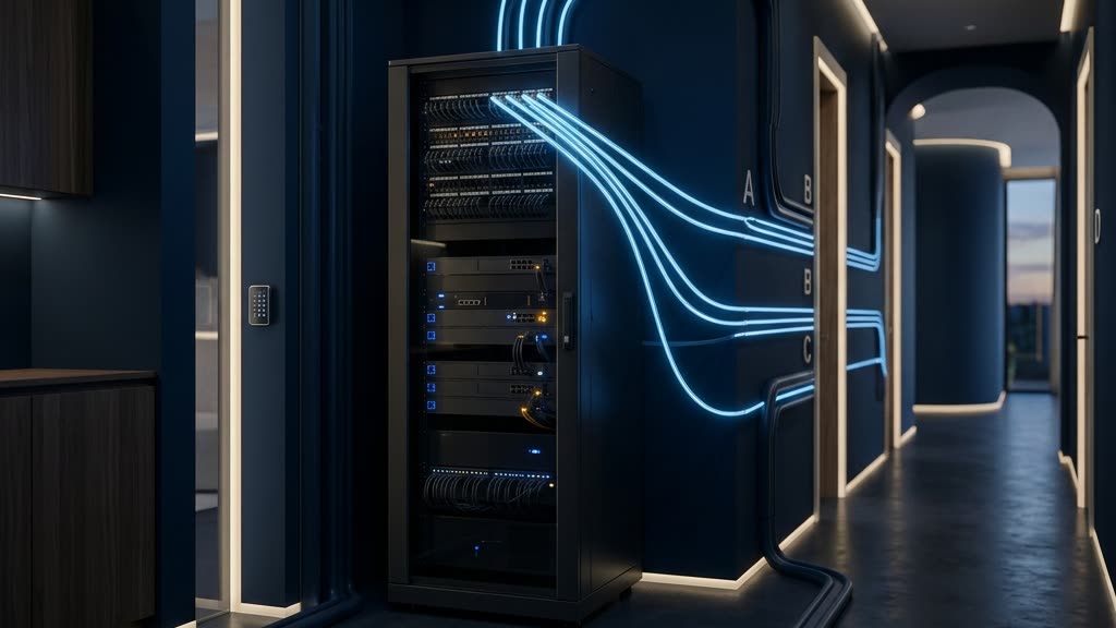 VLAN smart home network segmentation concept showing isolated device groups linked by steel-blue light paths inside a luxury estate at dusk