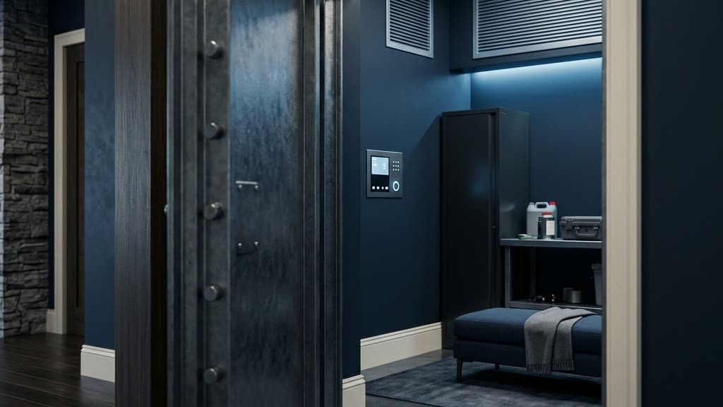 Reinforced residential safe room door with steel-blue lighting inside a deep navy luxury home interior