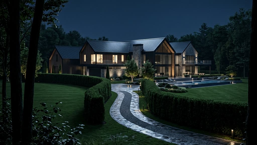 Illuminated luxury estate at night viewed from a dark tree line, evoking athlete home burglary risk during publicized absences