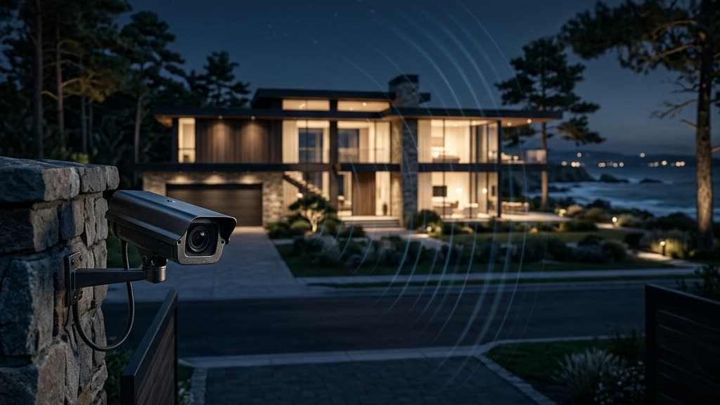 Wired security camera on a luxury Florida estate at night with steel-blue radio interference waves, illustrating Wi-Fi jammer burglary countermeasures