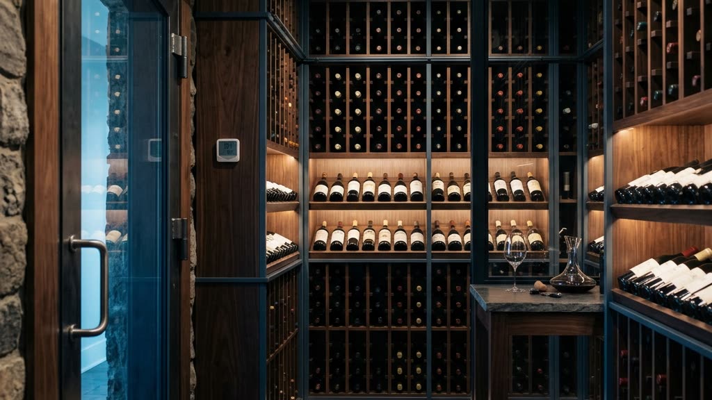 Temperature-controlled residential wine cellar with secured glass door and monitored access in a luxury Florida estate