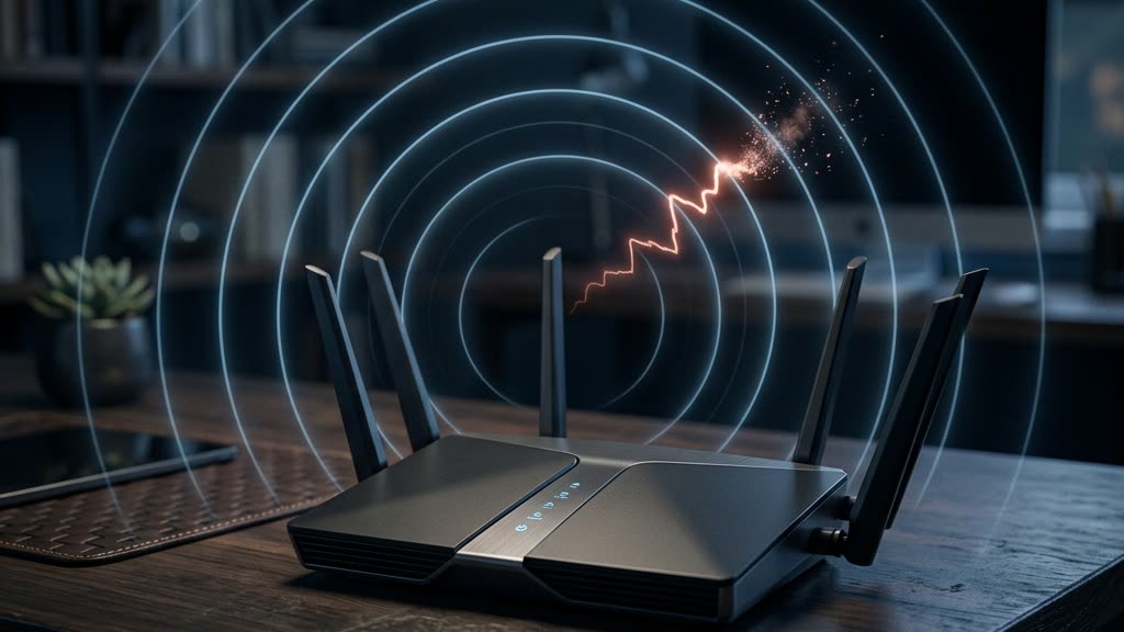 Illustration of a home wireless router surrounded by radio signal waves, with one forged disconnect signal being blocked, set against a deep navy background