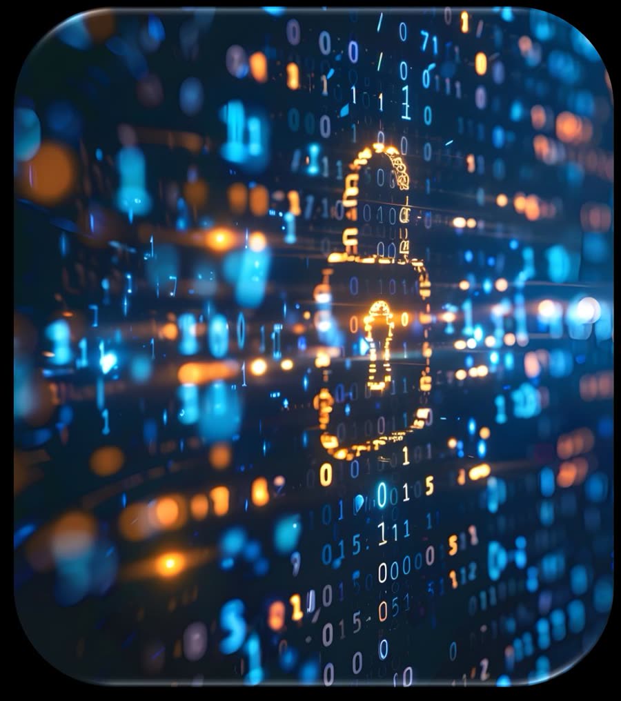 Encrypted home network protection by GuardDog AI, a padlock formed from binary code