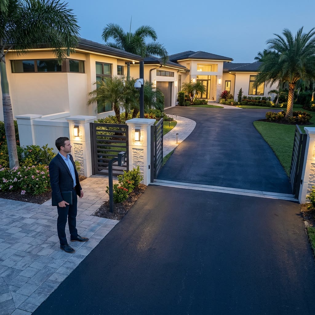 SDVOSB AI-driven access control verifying a visitor at a luxury home front gate