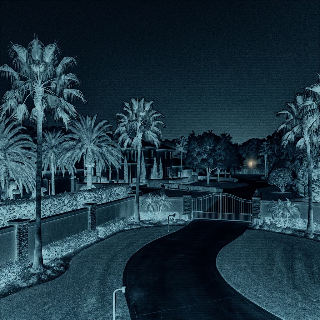 Long-range night security camera view of a Florida estate perimeter