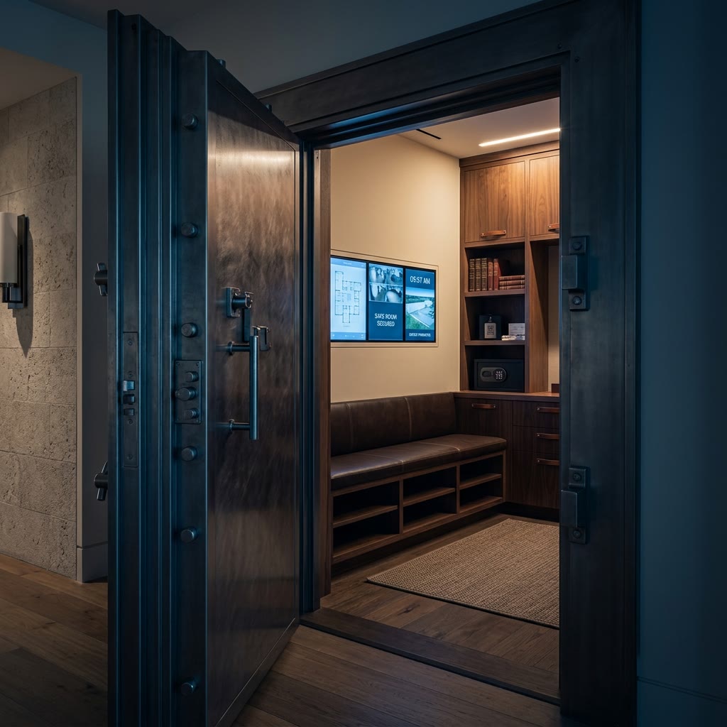 Reinforced vault door and luxury safe room interior in a high-net-worth Florida estate